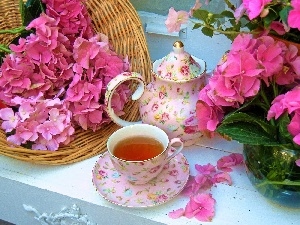 Pink, jug, cup, hydrangea, tea