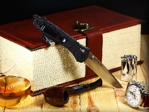 pipe, book, Whisky, knife, A glass