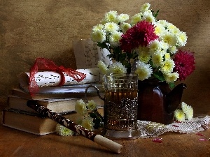 pipe, Books, tea, bowl, Tunes, Chrysanthemums