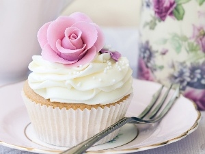 plate, fork, cake, rose