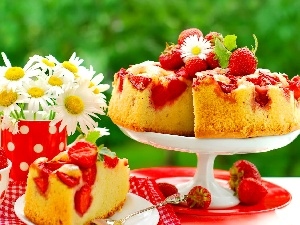 Plates, Flowers, cake, strawberries