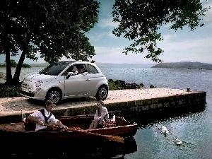 Platform, Boat, Tourists, Fiat 500, lake