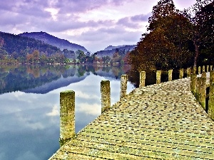 Platform, lake, autumn, Mountains