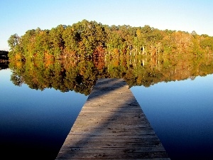 Platform, forest, reflection, lake, autumn, Island