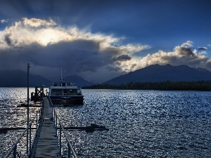 Platform, Yacht, River, clouds, Mountains