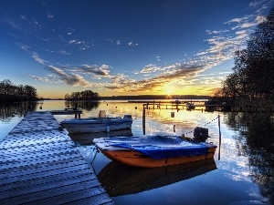 Platform, sun, lake, motorboat, east