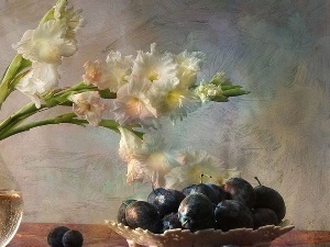 gladioli, plums, bowl