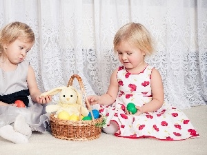 plush toy, eggs, girls, basket