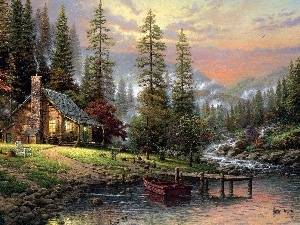 Pond - car, viewes, Home, Thomas Kinkade, trees