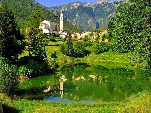 Pond - car, Houses, Mountains, reflection, Church