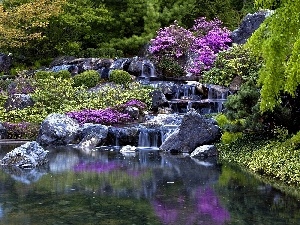 Pond - car, cascade, Stones, Bush