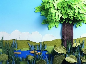 Pond - car, trees, landscape
