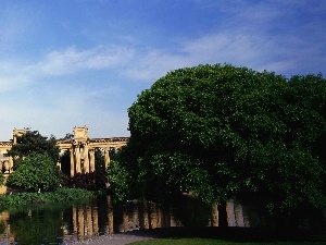 viewes, Pond - car, trees, column, Sky, copula