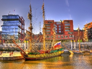 port, buildings, Ship, Sailing