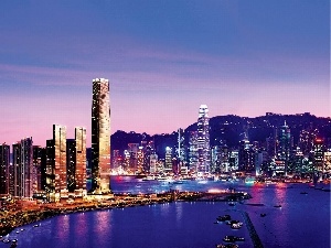 port, skyscraper, Hong Hong, Yachts, night