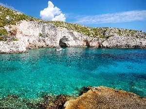 Caves, Porto Limnionas, Greece, Motor boat, Zakynthos