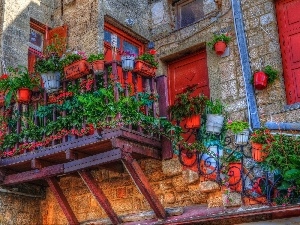 Pots, Red, Stairs, Balcony
