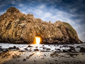 sun, Przebijaj?ce, flash, ligh, Rocks, sea, luminosity, Stones