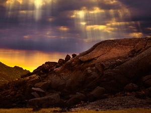 sun, Przebijaj?ce, flash, ligh, rocks, clouds, luminosity, View