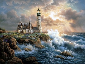 puffs, Waves, picture, clouds, Lighthouses