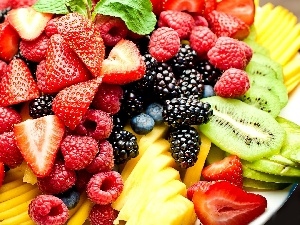 raspberries, blackberries, Fruits, kiwi, strawberries