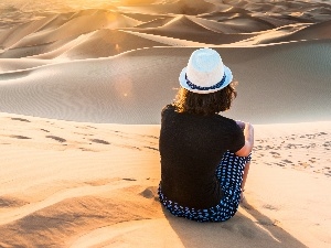 rays, Sand, girl, Desert, Dunes