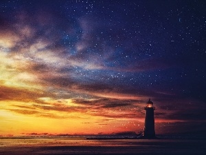 rays, west, sun, sea, Lighthouse, Waves
