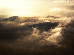 rays, sun, Mountains, clouds
