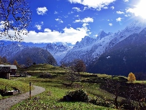 rays, Way, Houses, Alps, sun, medows