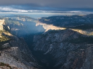 rays, canyon, Mountains, sun, forest