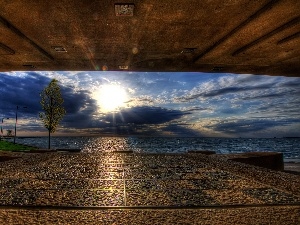 rays, sea, shed, sun, promenade