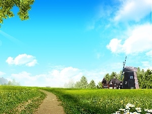 rays, Windmill, Way, Meadow