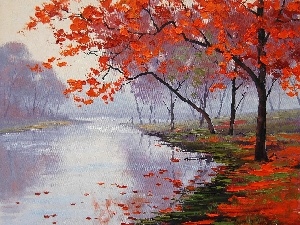 Red, viewes, River, Leaf, trees