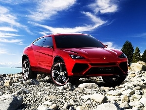 Red, Sky, River, Lamborghini Urus, Stones