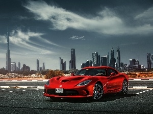 Dodge, Sport, Viper, Automobile, Town, Dubaj, Burj Khalifa, Red