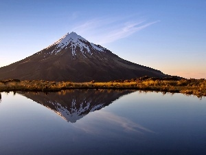 reflection, mountains, Taranaki, lake, autumn, Meadow