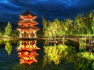 reflection, viewes, lake, house, China, trees