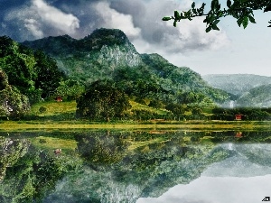 reflection, lake, clouds, Mountains