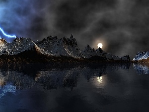 reflection, lake, lightning, Mountains