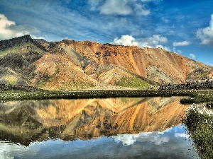 reflection, lake, Mountains, Meadow