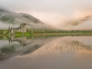 reflection, lake, mountains, ruins