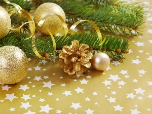 ribbon, cone, baubles, spruce