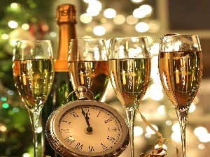 ribbon, Lights, Clock, Champagne