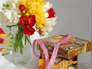 ribbon, Boxes, color, Freesias