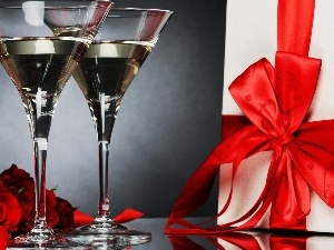 ribbon, Present, roses, champagne