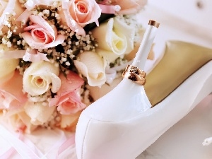 rings, heels, bouquet, rouge