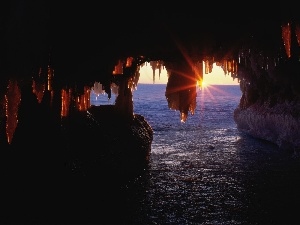 Rising, rays, cave, sun, sea