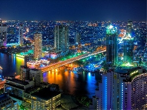 River, night, Bangkok, bridge, Town