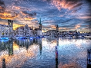 River, Town, Switzerland, bridge, Zurich