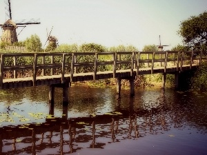 bridge, River, Windmills